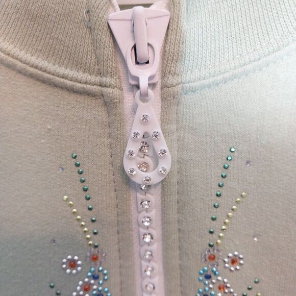 Upcycled Full Zip Sweatshirt Sz L Green Floral Embellished Rhinestone Zipper - Picture 5 of 8